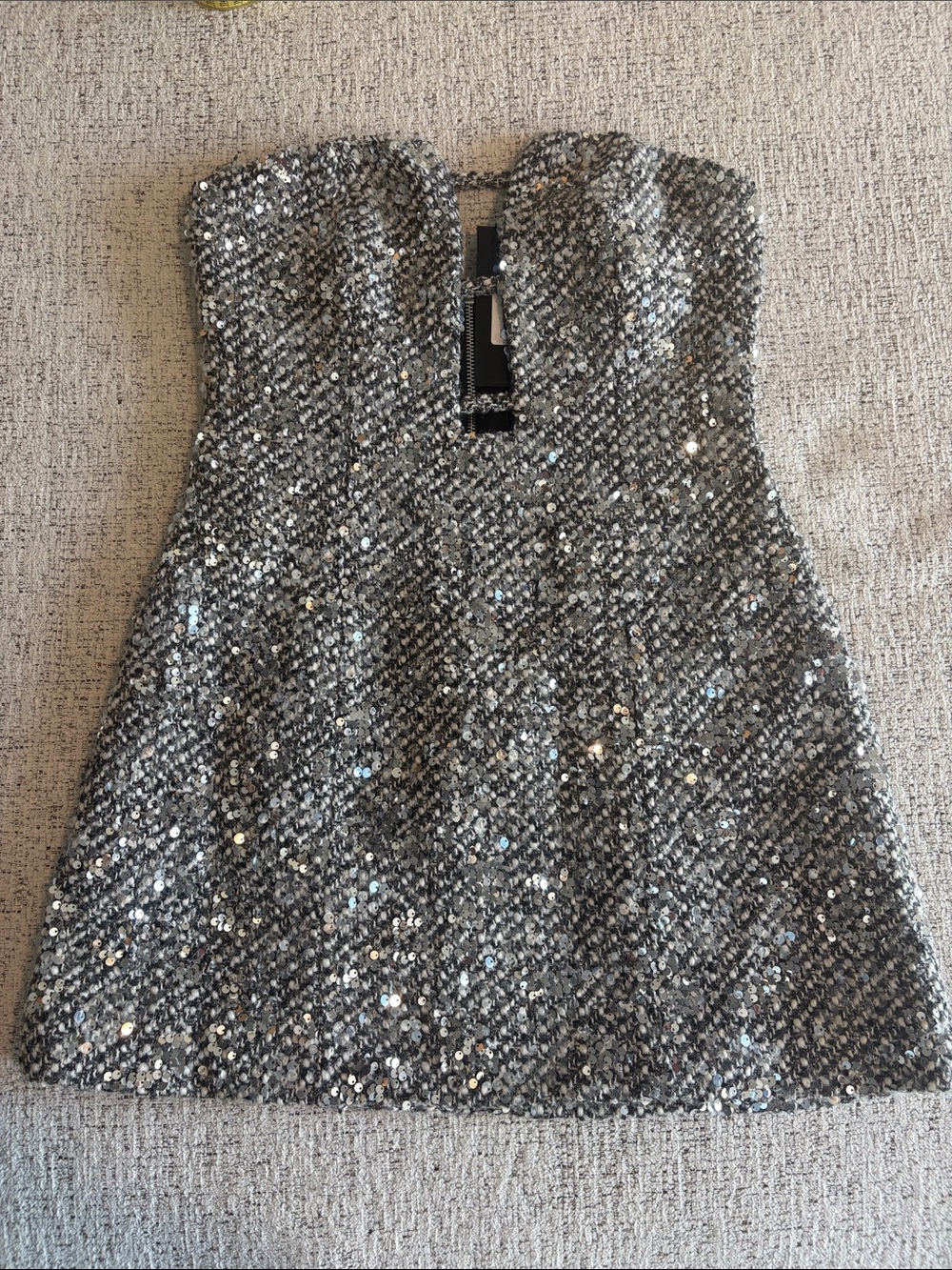 Fashion Nova Silver Sequin Strapless Tweed Dress